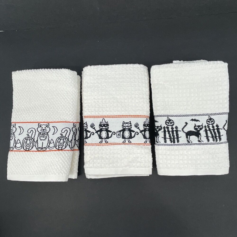 Vtg Casaba Kitchen Tea Towels 3 Sets of 2 Halloween Cats White Cotton NEW